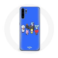 Coque pour Huawei P30 BTS BT21 Tata Chimmy Cooky Rj Koya Shooky Et Mang Jouent De la musique Fond Bleu