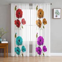 Colorful Flowers Poppies Sheer Curtain for Living Room Hall Wall Dress Up  Home Window Supplies Pop Print Tulle Curtains 135W x 114H(cm) white
