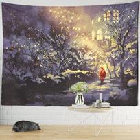 Christmas Snowy Night Travel Map Tapestry Wall Hanging Psychedelic Forest House Illustration Home Living Room Decor 95x70cm