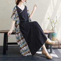 Summer Women's Splicing Literary Plus Size Loose Big Swing V-Neck Short Sleeve Dress One Size mėlyna