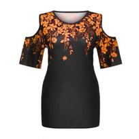 Women T-shirt Round Shoulder Short Sleeve Fit Flower Tee Shirt Loose Neck Cold Print Casual T-shirt 5XL geltona