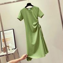 Ladies Mid-length  Round Neck Slim Base Short Sleeve Loose and Casual Solid Color Roped Drawstring Dress M gray
