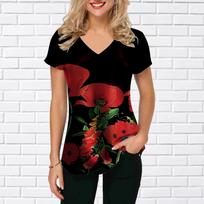 Women's V-Neck Short Sleeve Sunflower Ginkgo Biloba Leaves with Golden Edges Printed Tops Loose T-Shirt Casual Blouse XS raudona