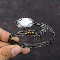 Black Mother Of Pearl Bangle Copper Wire Wrapped Gemstone Cuff Bracelet Handmade Adjustable Bangle Copper Wire Wrapped Jewelry Gift For Her