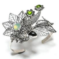 Labradorite, Peridot Gemstone 925 Sterling Silver Cuff Bangle Adjustable L6H75 gray