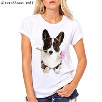 Valentine flower TShirt women Welsh Corgi print maiden T-Shirt cute lovely pug dog M balta