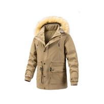 Vyriškas medvilninis paltas su nuimama kailine apykakle, storesnis, šiltas, didelio dydžio, vidutinio ilgio L beige