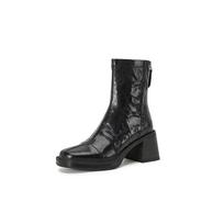Krazing Pot Sheepskin Autumn Winter Shoes Thick High Heels Handsome Motorcycle Boots Round Toe Keep Warm Zipper Ankle Boots 34 juoda