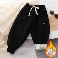 Boys' Autumn and Winter Padded Warm Sweatpants Solid Color Casual Pants 160 juoda