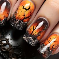 24pcs Halloween Press-On Nails Set - Glossy Medium Square, Mixed Colors with & Flame Designs for Festive Manicure brown