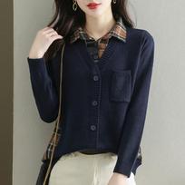 Women's Lapel Shirt Sweaters Fake Two Piece Knitted Pullover Top Plaid Patchwork Shirt Button Up Pocket Short Sweater One Size(40-65kg) tamsiai mėlyna