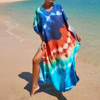 Moteriška Boho Cover Up, didesnio dydžio kontrastinga laisvai priglundanti „Vacay Beach Kaftan“ suknelė One Size blue