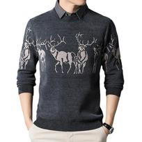 Winter Deer Jacquard Fake Two-Piece Sweater Integrated Fleece Men'S Shirt Collar Bottoming Knitted Sweater M pilka spalva