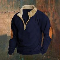 European And American Temu Sweater Retro Splicing Embroidered Semi-Open Men'S Long-Sleeved Sweater S tamsiai mėlyna
