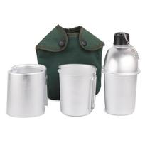 3 vnt Aliuminio indų rinkinys karinės valgyklos puodelio medinės viryklės komplektas su uždengtu krepšiu žygiams kempinguose 3pcs set sidabras