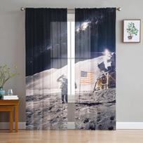 Astronaut Space Moon Tulle Curtains For Living Room Bedroom Kitchen Decoration Chiffon Sheer Voile Window Curtains Custom Drape W135 x H115cm x1&Grommet Top blue
