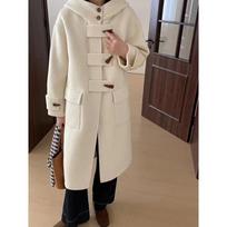Korean Style Hooded Horn Button Woolen Coat for Women Winter New Thickened College Style Mid-length Woolen Coat S