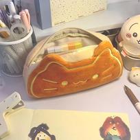 Mielas Katinas Karamelinė Duona Pliušinis Pieštukų Krepšys Kawaii Studentas Didelės Talpos Raštinės Reikmenų Krepšys Kačiuko Pieštukinė Atgal į Mokyklą Reikmenys orange