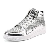 Mada 2024 Mada Vyriški Aukštakulniai Sportbačiai Vyriški Aulinukai Auksiniai Prabangūs Blizgučiai Batai Gatvės Stilius Hip Hop Laisvalaikio Aulinukai Chaussures Homme 38 sidabras