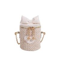 Spring Summer Mini Bucket Straw Bag Women Brand Designer Chain Crossbody Bag Fashion Bow knot Handmade Weaven Woman Shoulder Bag white