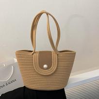 Elegantiškos moteriškos šiaudų austos rankinės moterims, atostogoms paplūdimyje, kasdienis nešiojamasis krepšys su rankenomis Madingi retro stiliaus pečių krepšiai beige