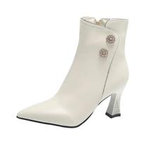Madingi moteriški aukštakulniai ankle boots Nauji Rudens Žiemos Retro Smailus pirštas Storas kulnas Trumpi ankle boots Madingi Cirkonio Dizainerio Batai 024 34 beige