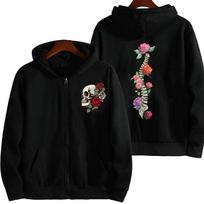 Women's Casual Zip Up Hoodies Autumn Winter New Gothic Skull with Roses Spine Dark Aesthetics Sweatshirt Pullover Zip Sportwear XS juoda