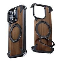 iPhone 16 15 14 Pro Max dėklas, 360° besisukantis žiedinis stovas, magnetinis, „MagSafe“ riešutmedžio, metalo lydinio karkasas, apsauginis dangtelis For iphone14 Pro Max juoda