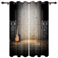 2Panel Music Curtains Guitar Bass Curtains for Living Room Kitchen Window Blinds Floor-to-ceiling Windows cortinas Grommet Top 2x50W100H(CM)&rod pocket white