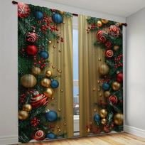 2pcs Red Christmas Printed Semi-Blackout Curtains with Green Pine Branches and Golden Balls Drapes for Living Room Bedroom 100W130H(CM)&Grommet Top