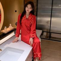 Ice Silk Cool Pajamas Women Summer Long Sleeve Thin Sweet Spring Sweet Ice Silk Satin Pajamas Set M