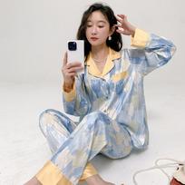 Spring and Summer New Women's Pajamas Ice Silk Comfortable Tulip Oil Painting Style Home Pajamas Women's Set M