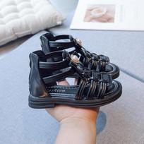 Britain Style Bow with Love Pearls Hollow Open-toe Classic Kids 2024 Sweet Princess Fashion Girls Sandals GLADIATOR Back Zipper 26 juoda