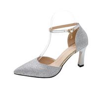 2024 New Women  Pumps Fashion Designer Sexy Ankle Strap Sandals Ladies Point Toe Thin Heel Party Wedding Shoes Solid High Heels 34 pilka spalva