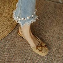 Women's Sandals 2024 Elegant Office Ladies Shoes Women Metal decoration Casual Shoes Baotou flat Sandals Slip On Woman Flats 34 chaki