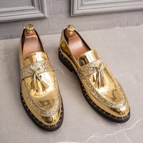 Brand Gold Tassel Leather Men Shoes Designer Glitter Brogue Shoes Men Formal Loafers Shoes Sequins Wedding Party Dress Shoes Men 38 auksas