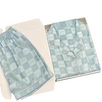 2-PCS Pajamas Female Jacquard Plaid Silk Short-Sleeved Shorts Suit Cardigan Lapel Solid-Color Girls Homewear Women Sleepwear M mėlyna