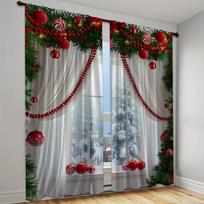 2pcs Red Christmas Printed Semi-Blackout Curtains with Green Pine Branches and Golden Balls  Drapes for Living Room Bedroom (W50cmxH130cm)x2&Rod Pocket