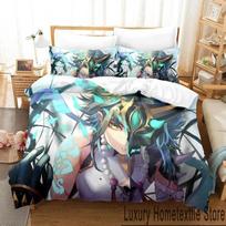 3D Genshin Impact Xiao Anime Bedding Set Duvet Cover Bed Set Quilt Cover Pillowcase Comforter king Queen Size Boys Adult Bedding 70x133cm 2pcs gray
