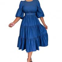 Women Dress Round Neck Puff Sleeve Big Hem Loose Solid Color Half Sleeve Belted Tight Waist Soft Patchwork Pleated A-line Midi D XL mėlyna