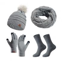 4 Pcs/Set Women Winter Hat Scarf Gloves Socks Set Thick Plush Knitted Warm Cap Gloves Elastic Ear Windpr pilka