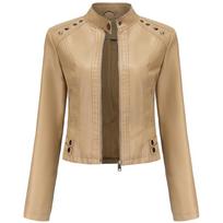 Moteriška dirbtinės odos striukė su užtrauktuku apkarpyta Motociklo trumpas PU Moto Biker Outwear Prigludęs plonas paltas su kišenėmis Stilingas kniedės Punk Rock Fashion Blazer S smėlis