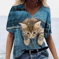 plus size Women's T-shirt Kawaii Cat Print 3D T Shirt Top Girls Y2k Clothing Summer Short Sleeve Tees V-neck Casual Holiday Female T-shirt XL