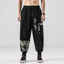 Vyriški medvilniniai lininiai samurajų kostiumai Ukiyo-e Print Diržas Retro Harem Kelnės Haori Baggy Kelnės Harajuku Hip Hop L juoda