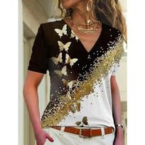 Summer V-neck 3D Butterfly Cat Dog Pattern Printed Top Fashionable Casual Short Sleeved Women's T-shirts S