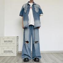 Men's Hong Kong Style Denim Summer Suit: Lapel Short-Sleeved Shirt & Ripped Wide-Leg Casual Pants Two-Piece Set XL