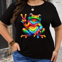 Plus Size Frog Print Crew Neck Short Sleeve T-Shirt for Spring & Summer Casual Women's T-Shirts XL
