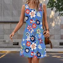 Women's Rose Flower Fake Two-piece Flower Graffiti Printed Sleeveless Round Neck Dress Loose Soft and Comfortable Plus Size Dress XS mėlyna