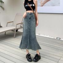Denim Fishtail Skirt for Women High-waisted Slim Raw Edge Mid-length Skirt Y2k Vintage Clothing All-match Spring Summer S