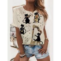 Summer Round Neck 3D Cat Printed Top Fashionable Casual Short Sleeved Women's T-shirts S